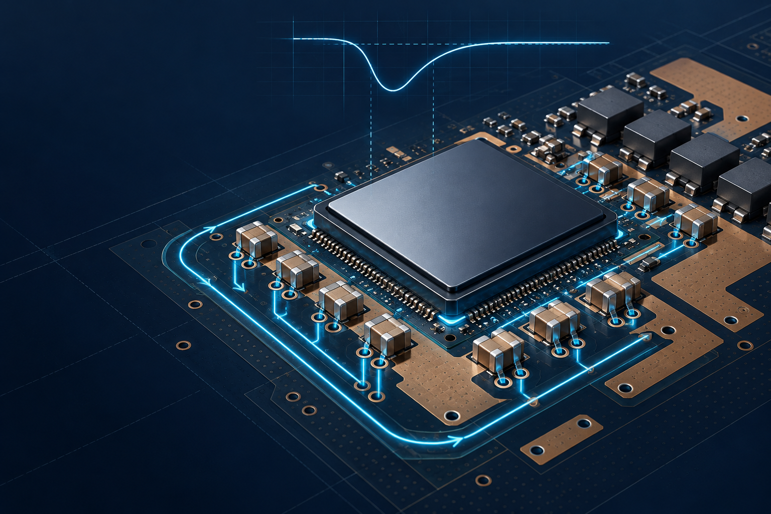 Blueprint-style edge-AI processor PCB showing decoupling capacitor current loops, a copper core power rail, and a cyan voltage droop waveform.