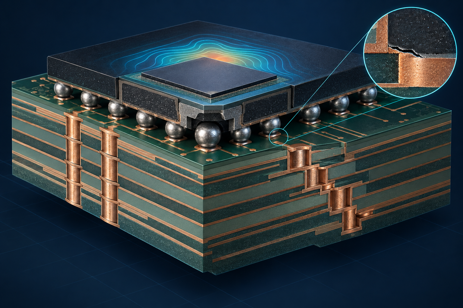 Cutaway illustration of fine-pitch BGA escape routing on an HDI PCB, showing stacked and staggered microvias and via-in-pad with thermal stress at a stacked interface.