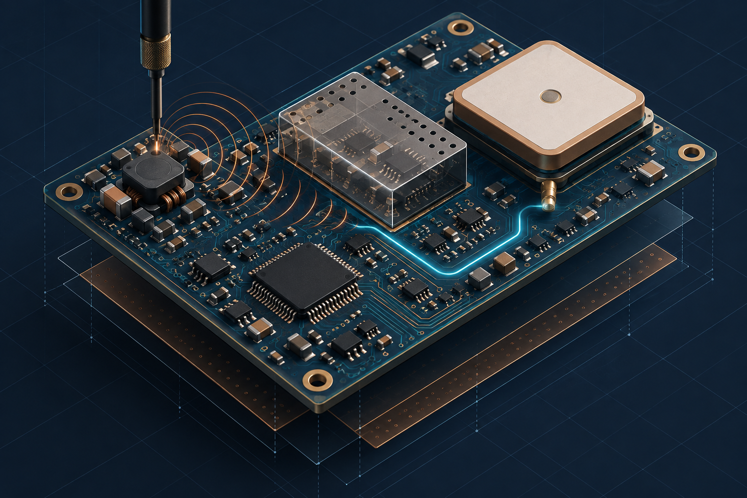 Blueprint-style GNSS tracking PCB showing a GPS antenna, switching regulator, and digital circuitry, with highlighted interference paths that cause GNSS receiver desense in the RF front end.