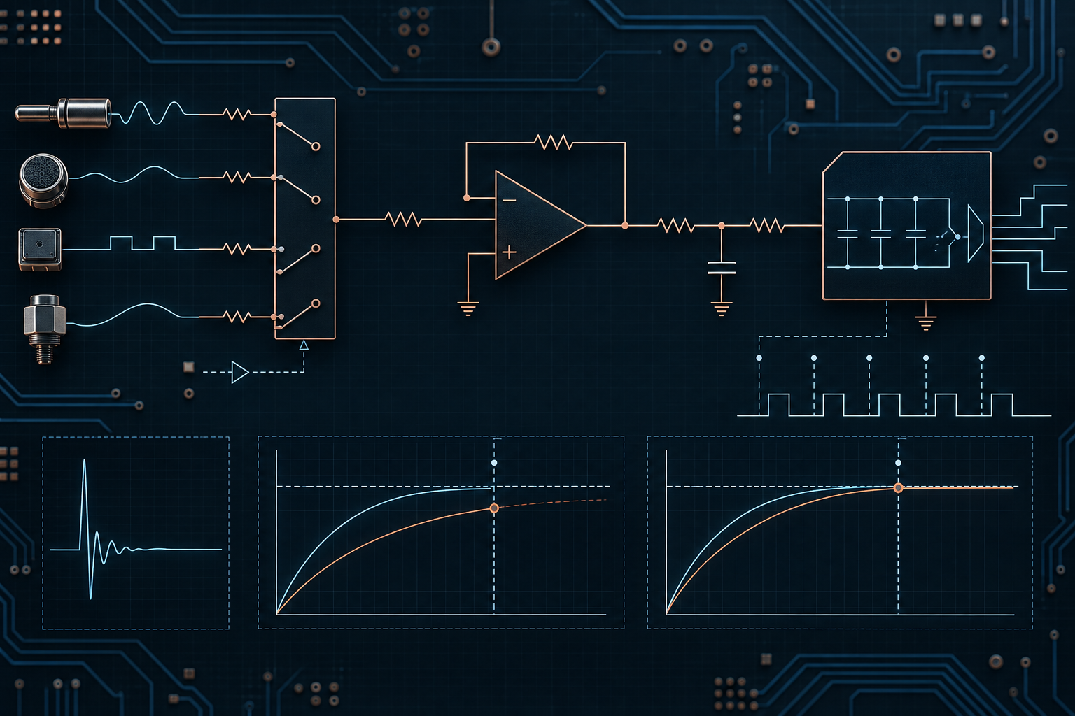 Blueprint-style analog multiplexer and ADC driver feeding a SAR ADC, with cyan and copper settling waveforms showing first-sample crosstalk after a channel switch.