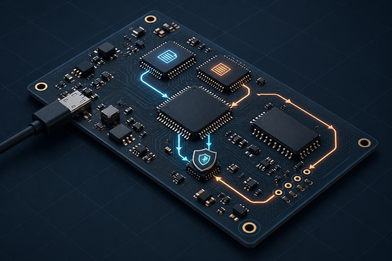 Blueprint-style connected MCU board with two firmware banks, external staging flash, and illuminated OTA firmware update and recovery paths.