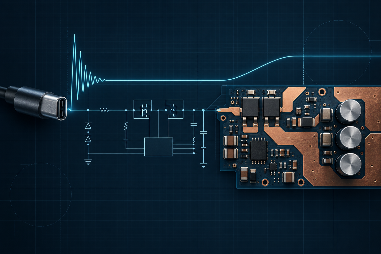 Blueprint-style USB-C Power Delivery 240W EPR sink input: protected MOSFET power path, PCB copper thermal planes, and 48V transient waveforms.